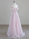 Sparkling Tulle Sequin Long Prom Dress, Off the Shoulder Pink Evening Party Dress HZ0429