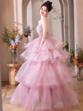 Pink Tulle Layers Long Prom Dress, Beautiful A-Line Strapless Evening Party Dress HZ0429