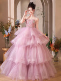 Pink Tulle Layers Long Prom Dress, Beautiful A-Line Strapless Evening Party Dress HZ0429