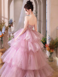 Pink Tulle Layers Long Prom Dress, Beautiful A-Line Strapless Evening Party Dress HZ0429