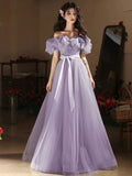 Lilac Tulle Long Prom Dress, Beautiful A-Line Off the Shoulder Evening Party Dress HZ0429