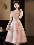 Pink Tulle Sequins Knee Length Party Dress, Lovely Short Sleeve Homecoming Dress HZ0429