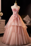 Pink Flower Fairy Long Prom Dress, Pink Strapless A-Line Evening Dress HZ0429
