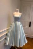 Pastel Blue Satin Princess Ball Gown, French Retro Beaded Strap Formal Evening Dress HZ0429