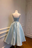 Pastel Blue Satin Princess Ball Gown, French Retro Beaded Strap Formal Evening Dress HZ0429