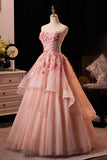 Pink Flower Fairy Long Prom Dress, Pink Strapless A-Line Evening Dress HZ0429