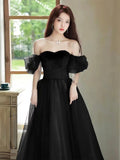 Black Off the Shoulder Velvet and Tulle Long Prom Dress, A-Line Black Evening Dress HZ0429