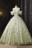 Floral Embroidered Sage Green Tulle Ball Gown Off Shoulder Evening Gown HZ0429