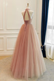 Blush Pink Halter Prom Dress Glitter Tulle A-Line Evening Gown HZ0429