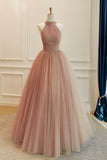 Blush Pink Halter Prom Dress Glitter Tulle A-Line Evening Gown HZ0429