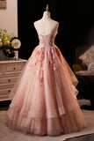 Pink Flower Fairy Long Prom Dress, Pink Strapless A-Line Evening Dress HZ0429