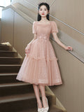 Pink Tulle Sequins Knee Length Party Dress, Lovely Short Sleeve Homecoming Dress HZ0429