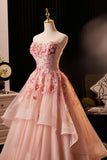 Pink Flower Fairy Long Prom Dress, Pink Strapless A-Line Evening Dress HZ0429
