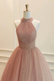 Blush Pink Halter Prom Dress Glitter Tulle A-Line Evening Gown HZ0429