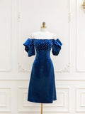 Blue Velvet A-Line Short Prom Dress with Pearls, Off the Shoulder Evening Party Dress HZ0429