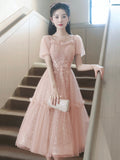 Pink Tulle Sequins Knee Length Party Dress, Lovely Short Sleeve Homecoming Dress HZ0429