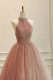 Blush Pink Halter Prom Dress Glitter Tulle A-Line Evening Gown HZ0429