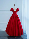 Dark Red Satin Long Prom Dress, A-Line Short Sleeve Evening Party Dress HZ0429