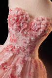 Pink Flower Fairy Long Prom Dress, Pink Strapless A-Line Evening Dress HZ0429