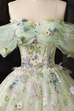 Floral Embroidered Sage Green Tulle Ball Gown Off Shoulder Evening Gown HZ0429