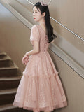 Pink Tulle Sequins Knee Length Party Dress, Lovely Short Sleeve Homecoming Dress HZ0429