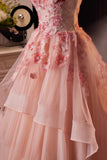 Pink Flower Fairy Long Prom Dress, Pink Strapless A-Line Evening Dress HZ0429