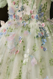 Floral Embroidered Sage Green Tulle Ball Gown Off Shoulder Evening Gown HZ0429