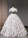 Beautiful Cherry Pattern Long Princess Prom Dress, White A-Line Short Sleeve Evening Party Dress HZ0429
