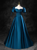 Blue Satin Off the Shoulder Floor Length Prom Dress, Blue A-Line Party Dress HZ0429