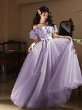 Lilac Tulle Long Prom Dress, Beautiful A-Line Off the Shoulder Evening Party Dress HZ0429