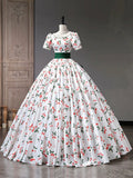 Beautiful Cherry Pattern Long Princess Prom Dress, White A-Line Short Sleeve Evening Party Dress HZ0429