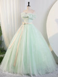 Beautiful Sage Green Tulle Floor Length Prom Dresses, A-Line Off the Shoulder Evening Part Dresses HZ0429