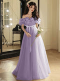 Lilac Tulle Long Prom Dress, Beautiful A-Line Off the Shoulder Evening Party Dress HZ0429