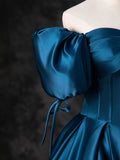 Blue Satin Off the Shoulder Floor Length Prom Dress, Blue A-Line Party Dress HZ0429