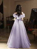 Lilac Tulle Long Prom Dress, Beautiful A-Line Off the Shoulder Evening Party Dress HZ0429