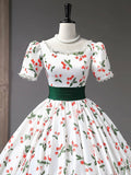 Beautiful Cherry Pattern Long Princess Prom Dress, White A-Line Short Sleeve Evening Party Dress HZ0429