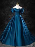 Blue Satin Off the Shoulder Floor Length Prom Dress, Blue A-Line Party Dress HZ0429