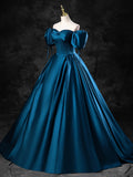 Blue Satin Off the Shoulder Floor Length Prom Dress, Blue A-Line Party Dress HZ0429
