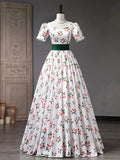 Beautiful Cherry Pattern Long Princess Prom Dress, White A-Line Short Sleeve Evening Party Dress HZ0429