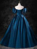 Blue Satin Off the Shoulder Floor Length Prom Dress, Blue A-Line Party Dress HZ0429