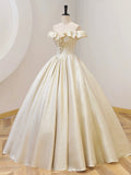Champagne Off the Shoulder Floor Length Prom Dress, Elegant A-Line Evening Party Dress HZ0429