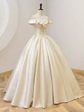 Champagne Off the Shoulder Floor Length Prom Dress, Elegant A-Line Evening Party Dress HZ0429