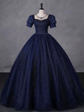 Navy Blue Tulle Beading Long Party Dress, Blue Scoop NecklineShort Sleeve Evening Dress HZ0429