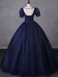 Navy Blue Tulle Beading Long Party Dress, Blue Scoop NecklineShort Sleeve Evening Dress HZ0429