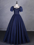 Navy Blue Tulle Beading Long Party Dress, Blue Scoop NecklineShort Sleeve Evening Dress HZ0429
