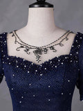 Navy Blue Tulle Beading Long Party Dress, Blue Scoop NecklineShort Sleeve Evening Dress HZ0429
