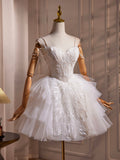 White Spaghetti Strap Tulle Beaded Short Prom Dress, Cute A-Line Party Dress HZ0429