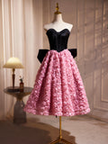 Black Satin and Pink Ruffle Flower Short Prom Dress, Lovely A-Line Strapless Bow Party Dress HZ0429