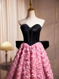 Black Satin and Pink Ruffle Flower Short Prom Dress, Lovely A-Line Strapless Bow Party Dress HZ0429