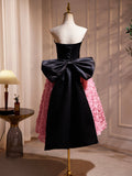 Black Satin and Pink Ruffle Flower Short Prom Dress, Lovely A-Line Strapless Bow Party Dress HZ0429